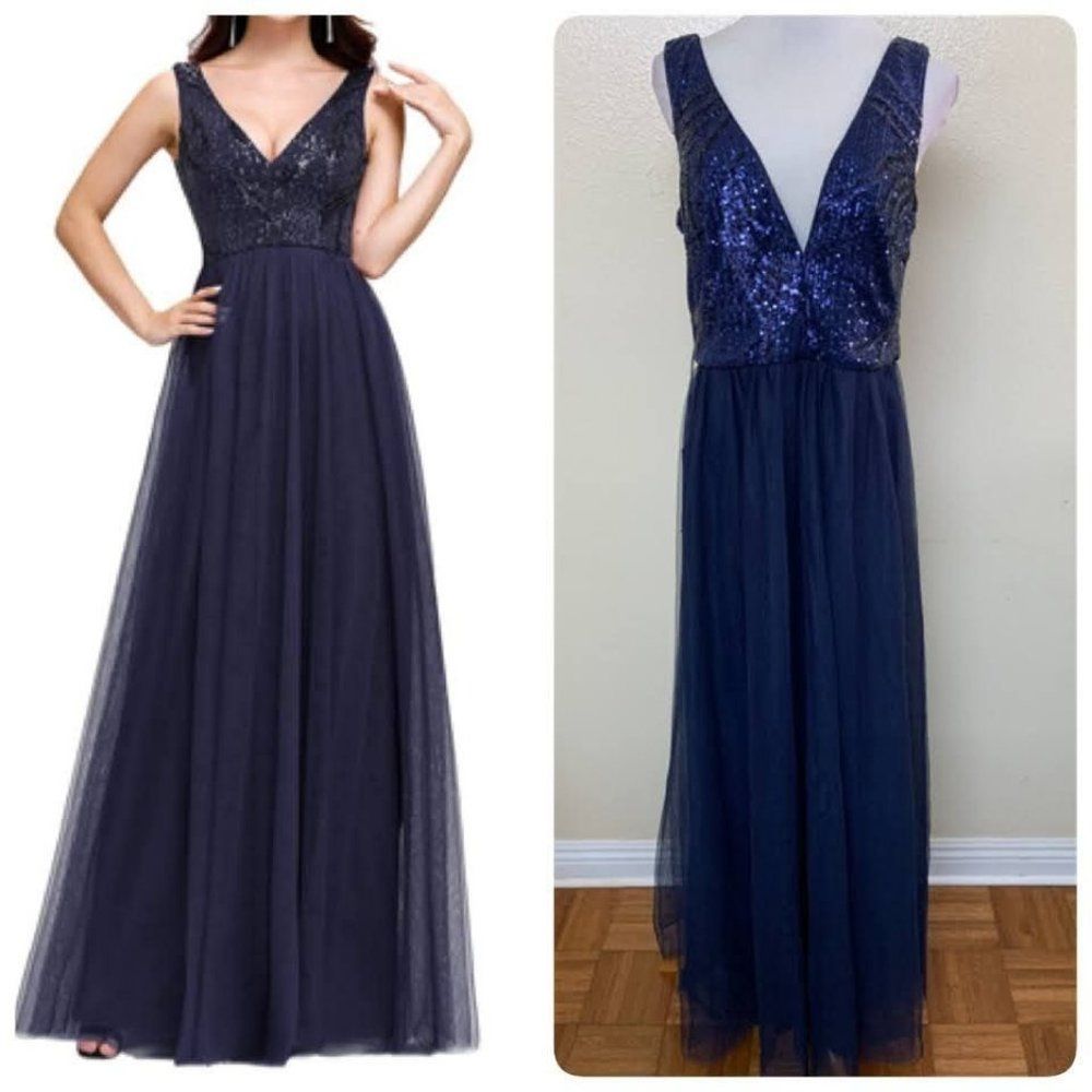 Ever Pretty V-Neck Sequined Tulle Cocktail Party Formal Dress Sz 12 Navy Blue